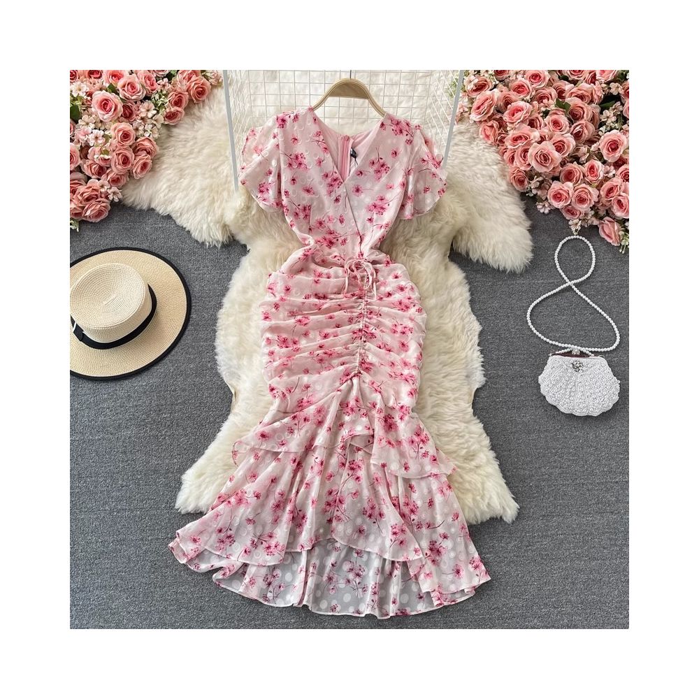 Summer French retro gentle style ruffled V neck fishtail bodycon chiffon floral dress fashion formal dress