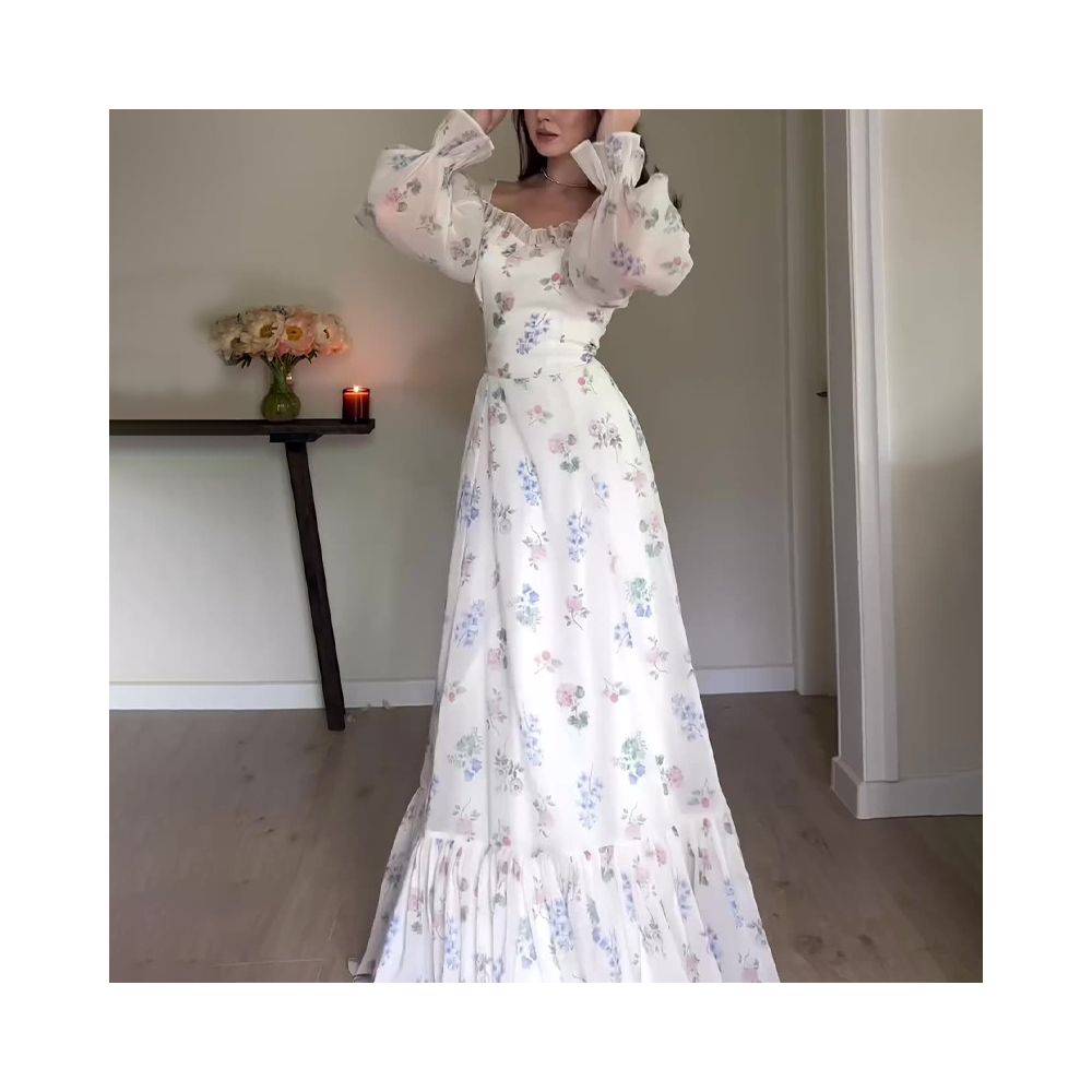 2024 European and American export women s clothing cross border autumn square neck court style lantern sleeve long dress high waist slim fit floral dress image 0