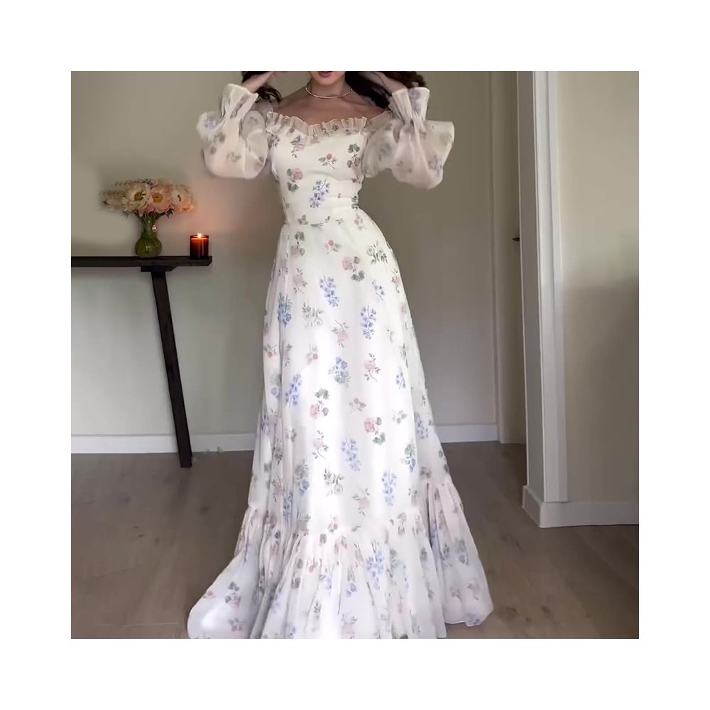 2024 European and American export women s clothing cross border autumn square neck court style lantern sleeve long dress high waist slim fit floral dress image 1