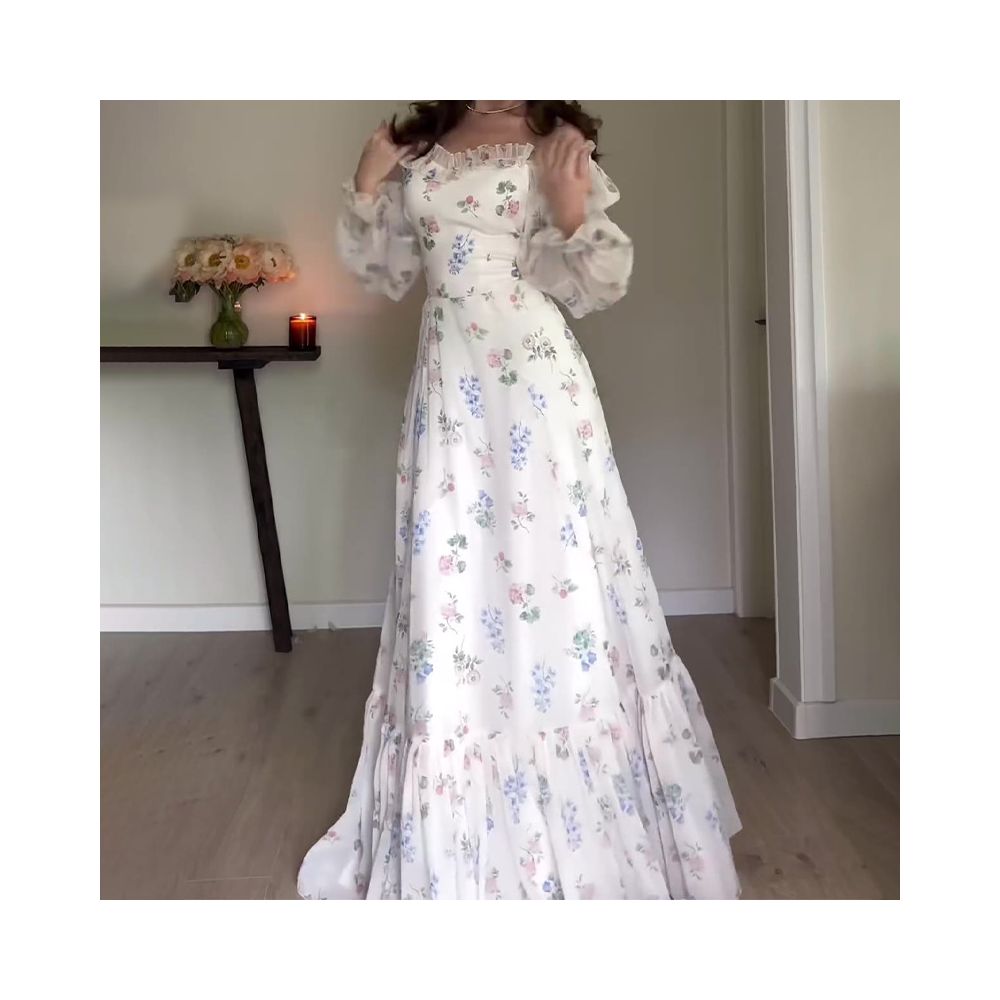 2024 European and American export women s clothing cross border autumn square neck court style lantern sleeve long dress high waist slim fit floral dress image 2