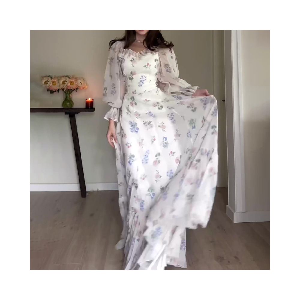 2024 European and American export women s clothing cross border autumn square neck court style lantern sleeve long dress high waist slim fit floral dress image 3
