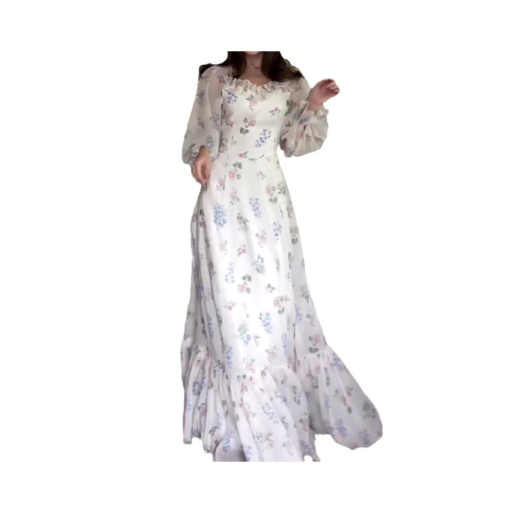 2024 European and American export women s clothing cross border autumn square neck court style lantern sleeve long dress high waist slim fit floral dress image 4