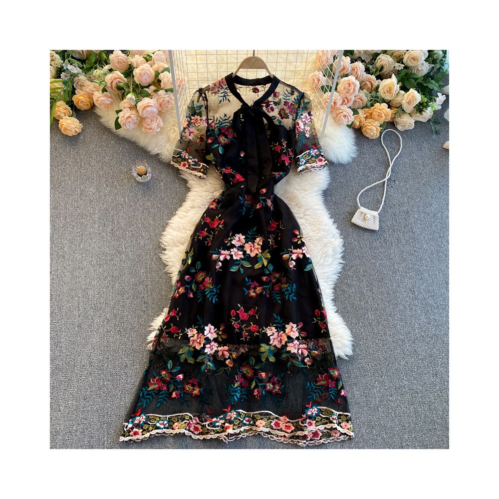 French niche Hepburn style dress 2022 new style color blocked bow collar short sleeved slimming embroidered floral dress image 0