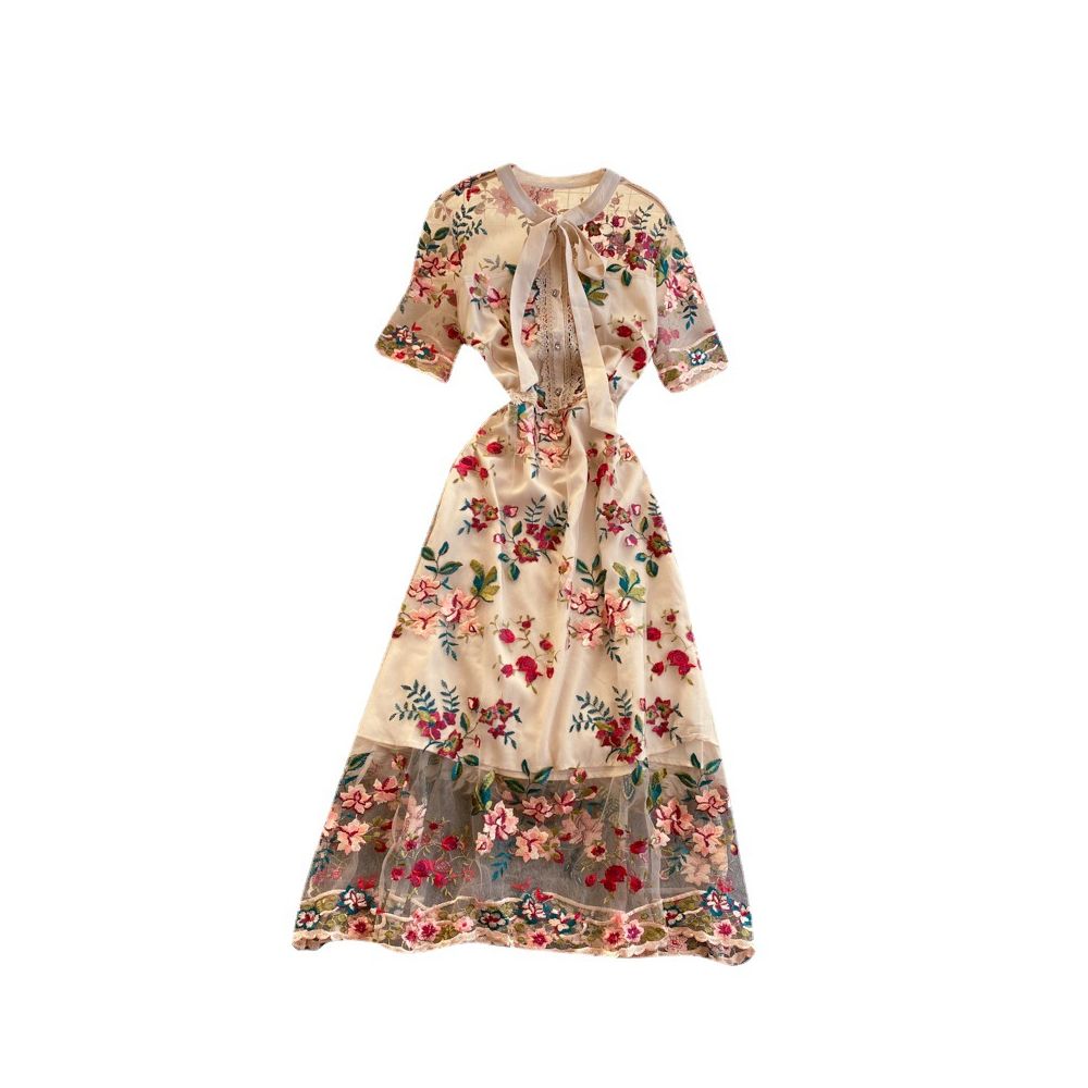 French niche Hepburn style dress 2022 new style color blocked bow collar short sleeved slimming embroidered floral dress image 4