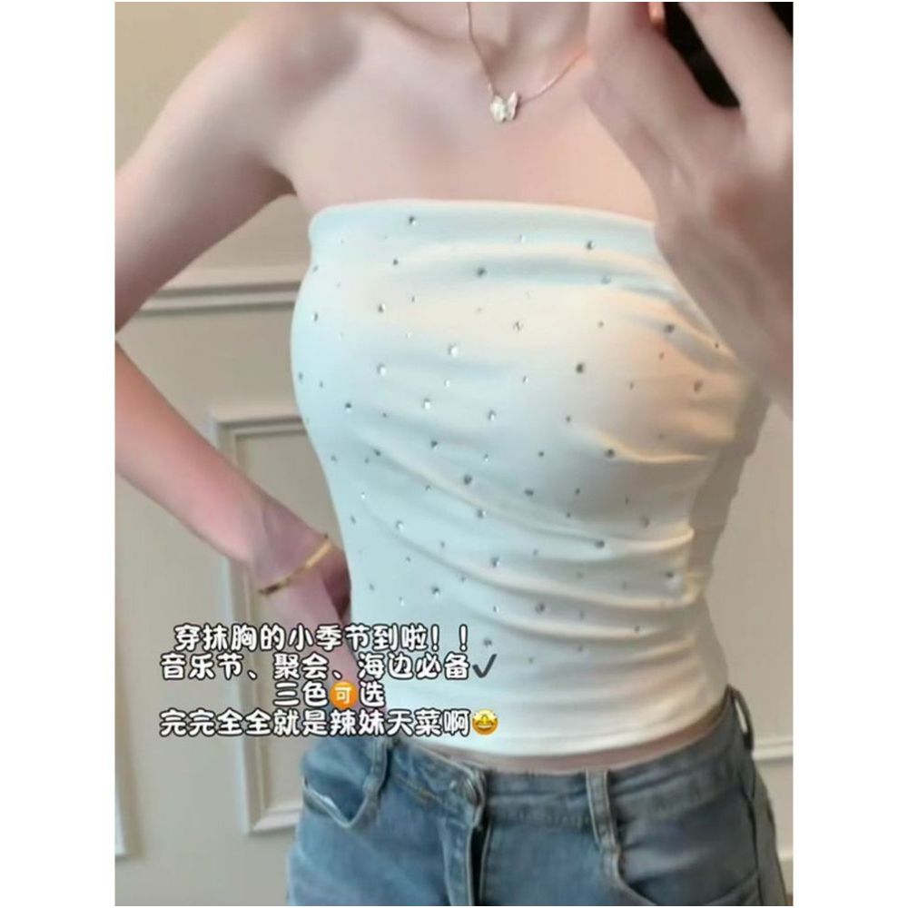 American style hot girl music festival outfit Rhinestone embellished tight fitting strapless bralette camisole women s summer cropped top image 2