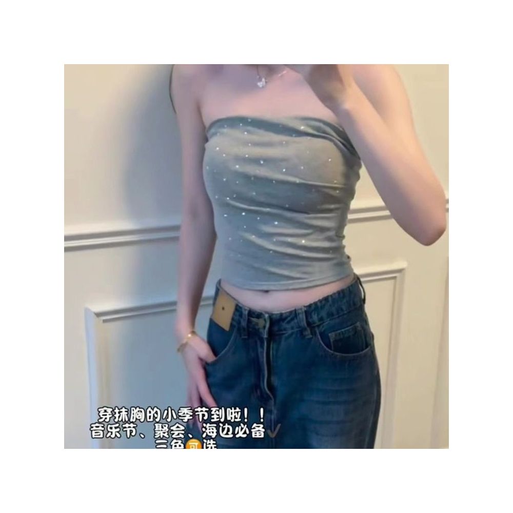 American style hot girl music festival outfit Rhinestone embellished tight fitting strapless bralette camisole women s summer cropped top image 4