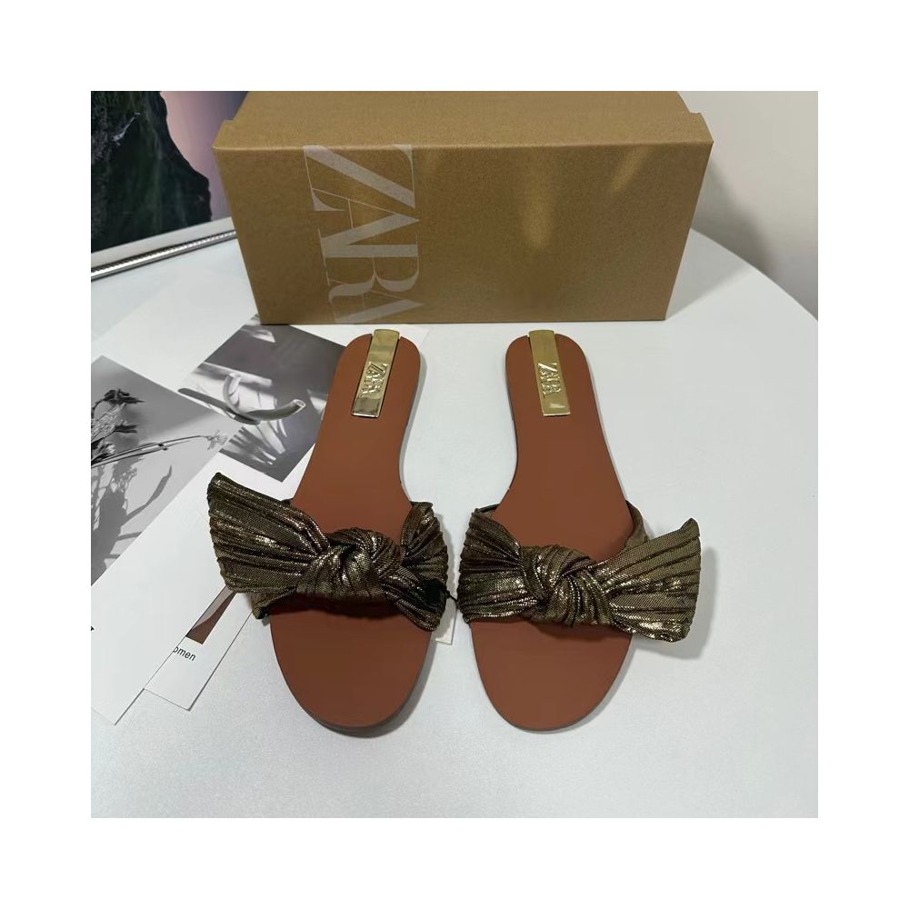 ZA Women s Shoes 2025 Summer New Flat Round Toe One Strap Bow Open Toe Casual Beach Shoes