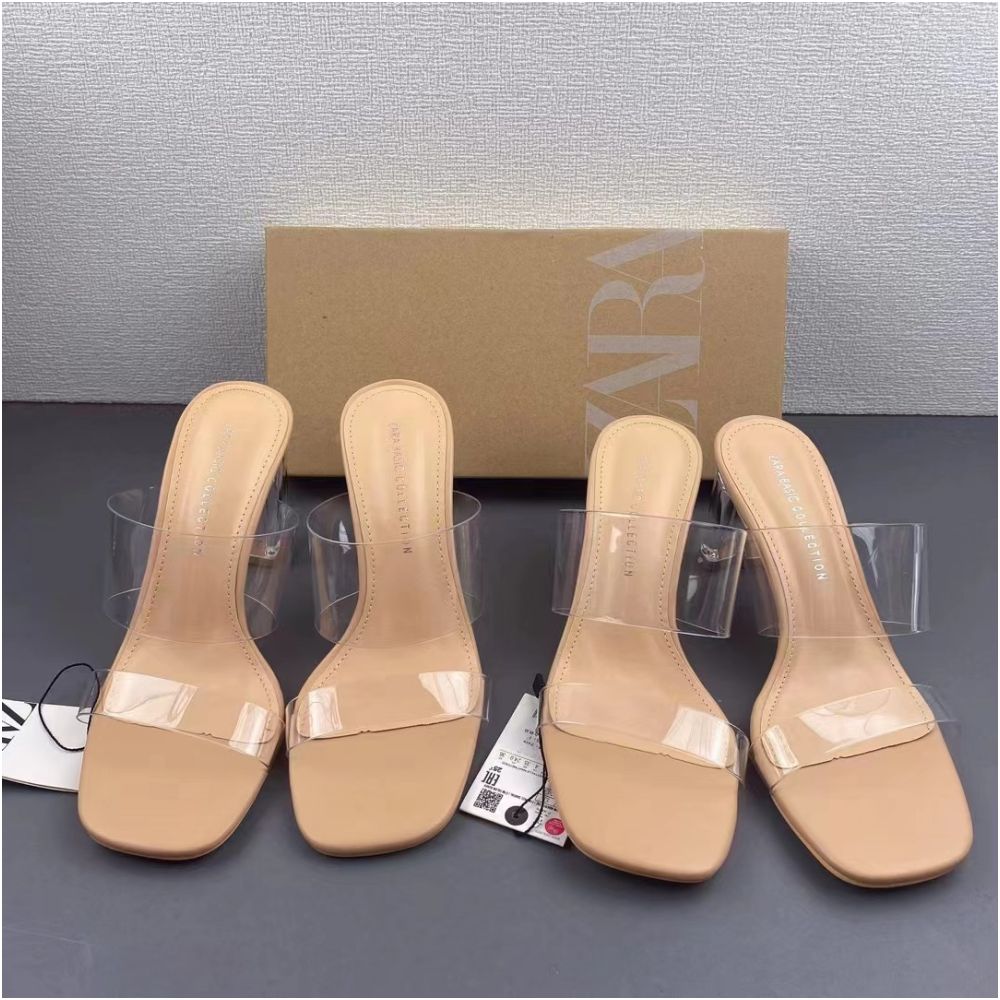 ZA Women s Shoes 2025 Summer Square Toe Stiletto Heel Versatile High Heel Sandals Women s Open Back Transparent Fashion Sandals image 0