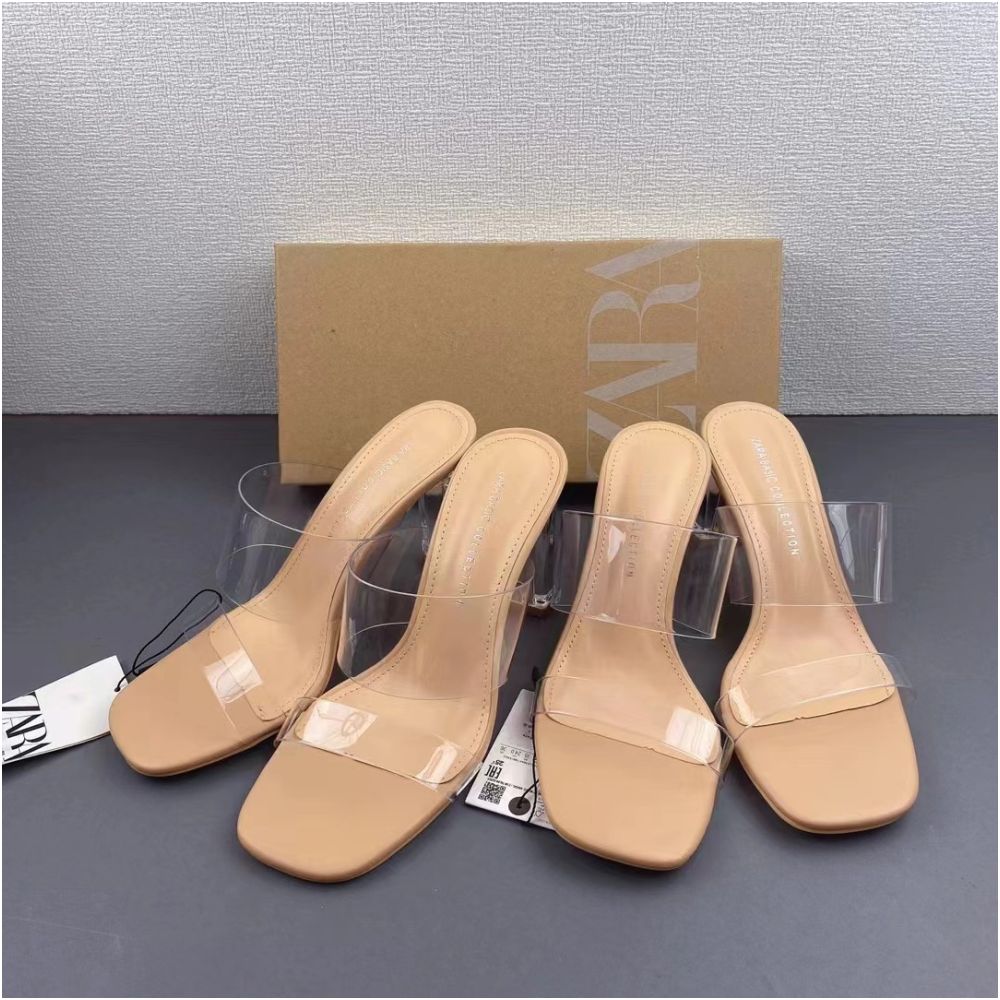 ZA Women s Shoes 2025 Summer Square Toe Stiletto Heel Versatile High Heel Sandals Women s Open Back Transparent Fashion Sandals image 1