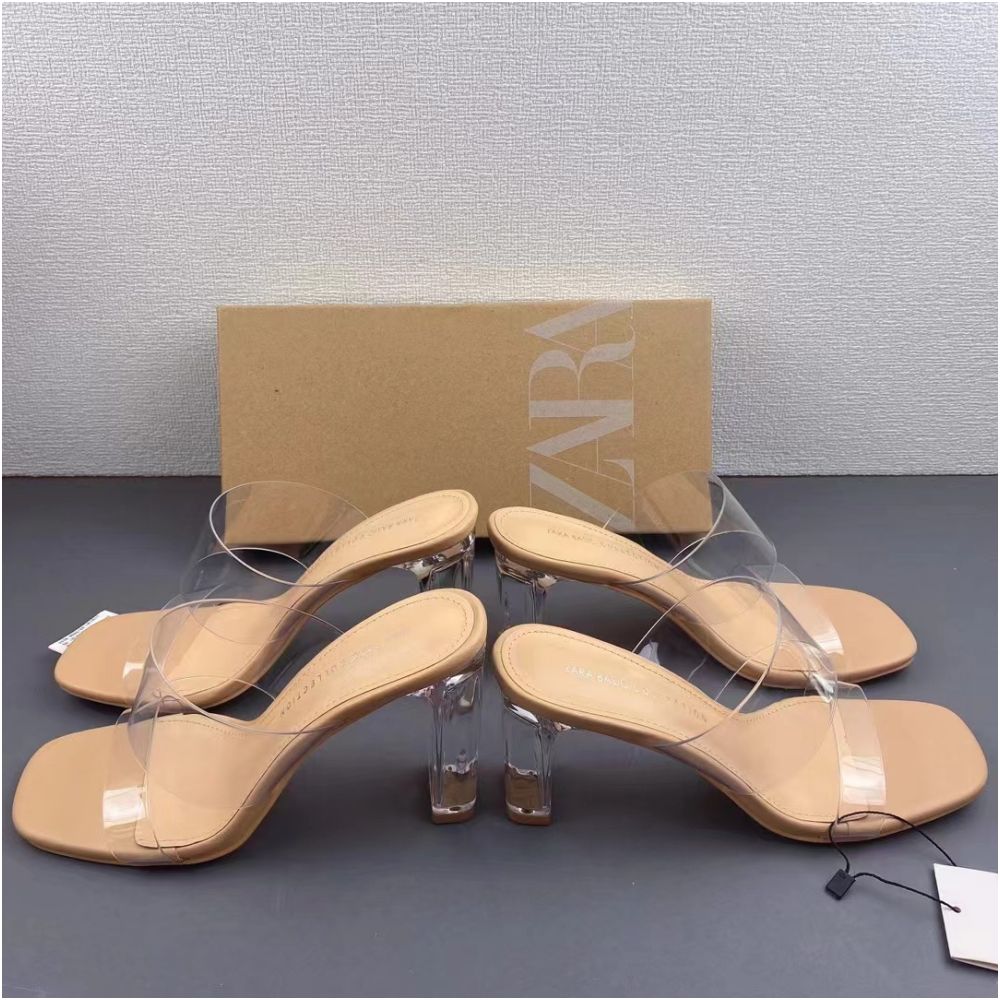 ZA Women s Shoes 2025 Summer Square Toe Stiletto Heel Versatile High Heel Sandals Women s Open Back Transparent Fashion Sandals image 2
