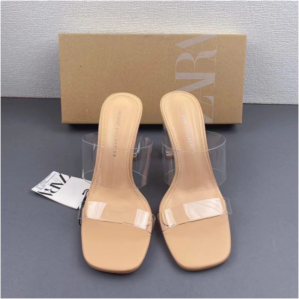 ZA Women s Shoes 2025 Summer Square Toe Stiletto Heel Versatile High Heel Sandals Women s Open Back Transparent Fashion Sandals image 3