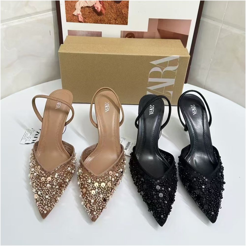2025 Spring New Arrival Women s High Heels with Glossy Rhinestones Apricot Mesh Fashionable and Elegant Open Heel Mules image 0