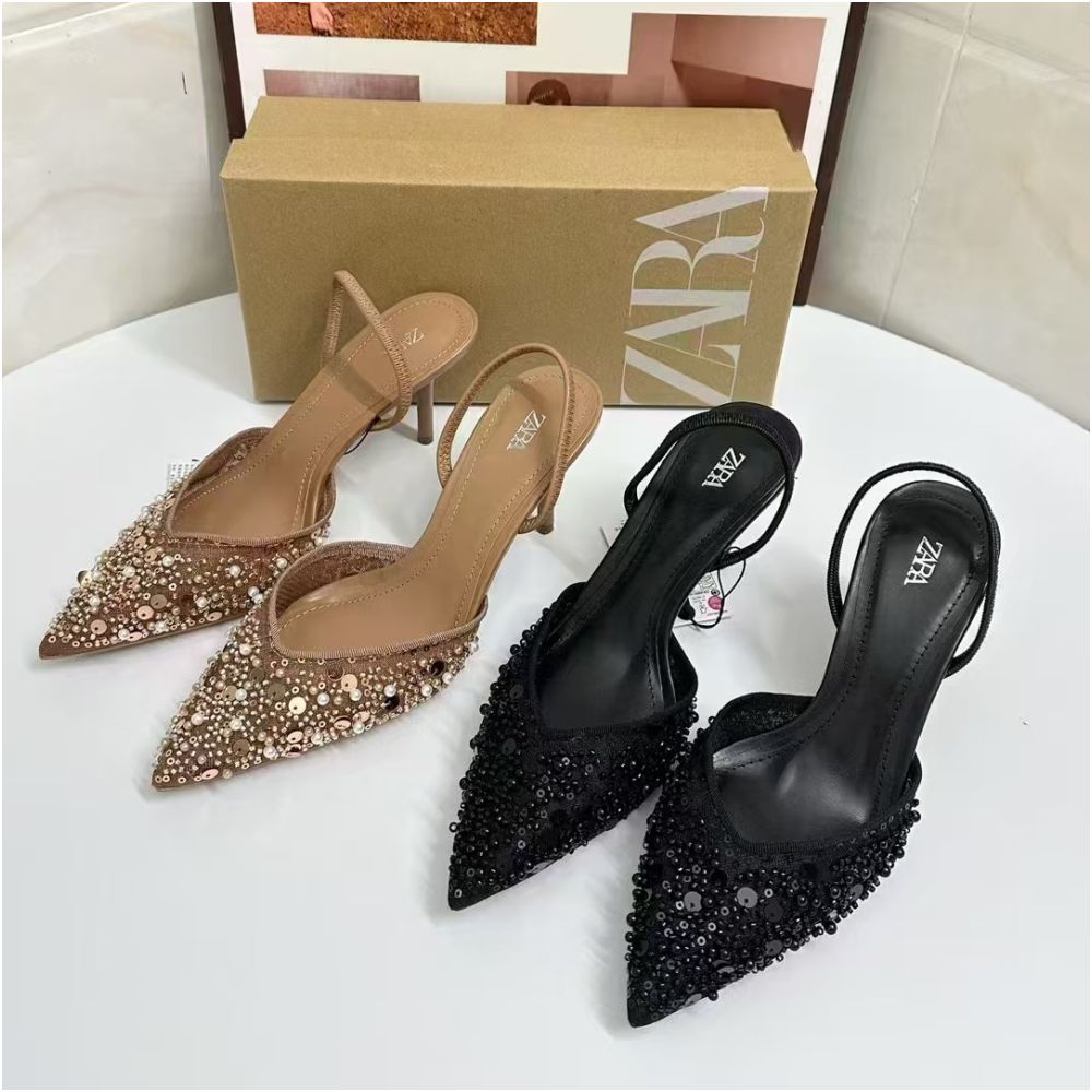 2025 Spring New Arrival Women s High Heels with Glossy Rhinestones Apricot Mesh Fashionable and Elegant Open Heel Mules image 1