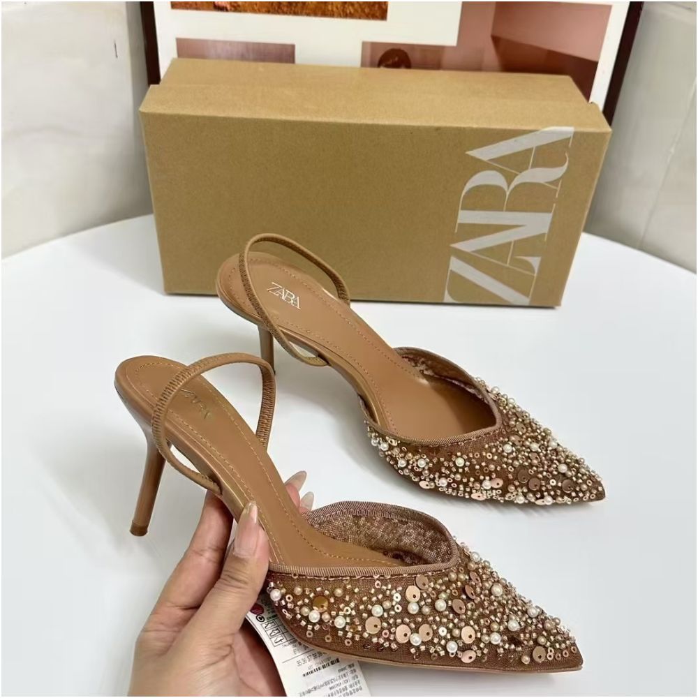 2025 Spring New Arrival Women s High Heels with Glossy Rhinestones Apricot Mesh Fashionable and Elegant Open Heel Mules