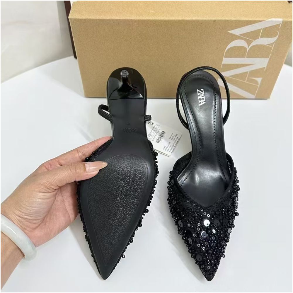 2025 Spring New Arrival Women s High Heels with Glossy Rhinestones Apricot Mesh Fashionable and Elegant Open Heel Mules image 3
