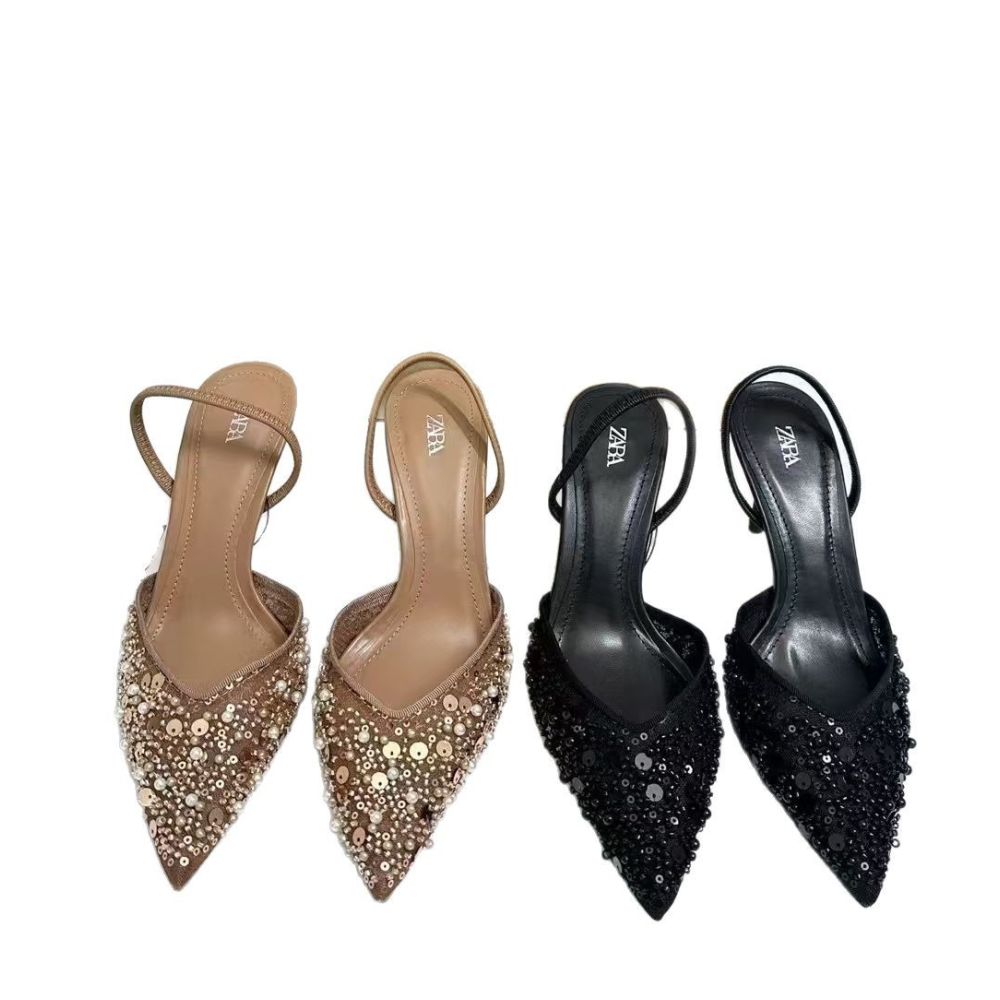 2025 Spring New Arrival Women s High Heels with Glossy Rhinestones Apricot Mesh Fashionable and Elegant Open Heel Mules image 4