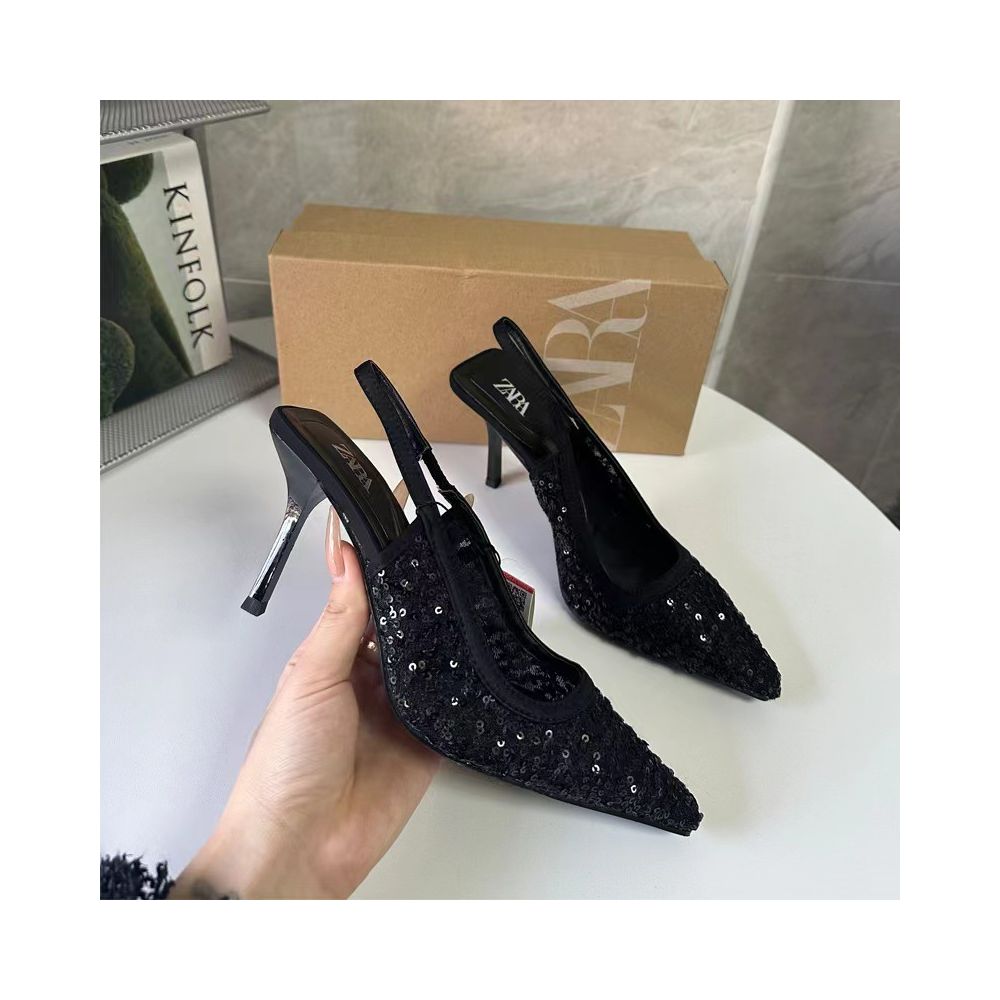 ZA 2025 Spring New Arrival Pointed Toe High Heel Black Sequined Open Back Stiletto Fashion Sandals for Women