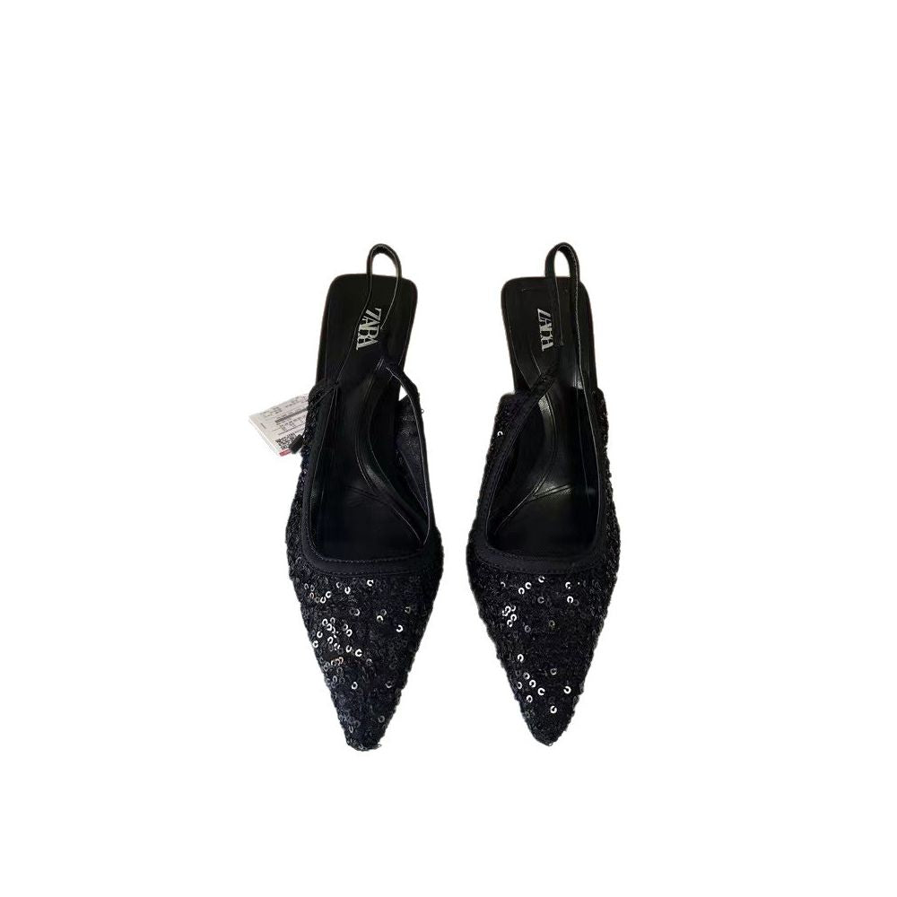 ZA 2025 Spring New Arrival Pointed Toe High Heel Black Sequined Open Back Stiletto Fashion Sandals for Women image 4