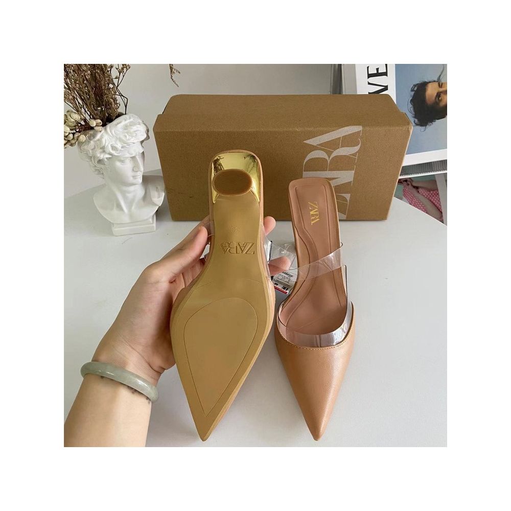 ZA Women s Shoes 2025 Spring New Pointed Toe Metal Heel Transparent PVC Trim High Heels Closed Toe Open Heel Stiletto image 3