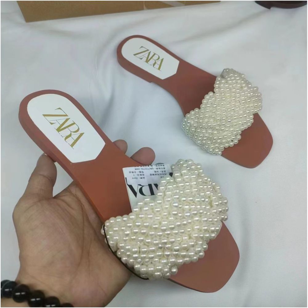 ZA 2025 Spring New Arrival Women s White Pearl Woven Flat Sandals Outerwear Foreign Trade Fashion Slippers for Women