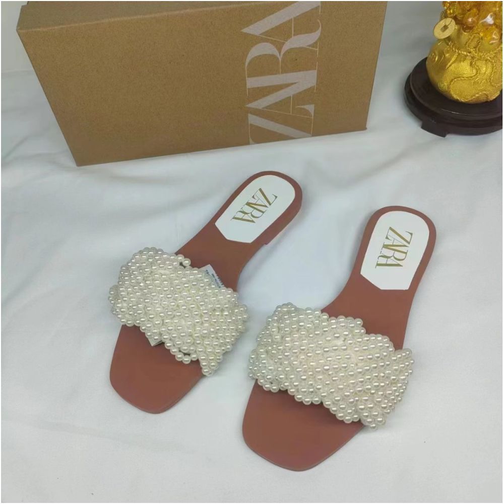 ZA 2025 Spring New Arrival Women s White Pearl Woven Flat Sandals Outerwear Foreign Trade Fashion Slippers for Women image 1