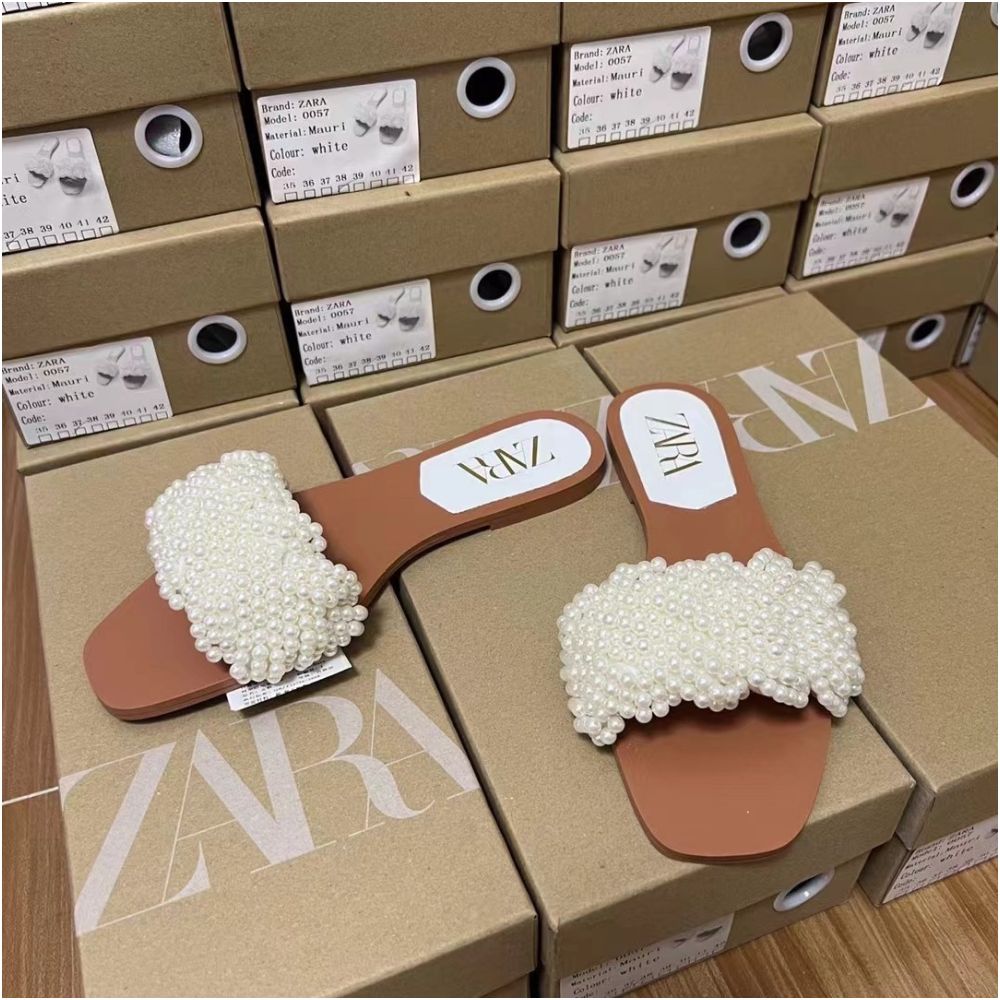 ZA 2025 Spring New Arrival Women s White Pearl Woven Flat Sandals Outerwear Foreign Trade Fashion Slippers for Women image 2