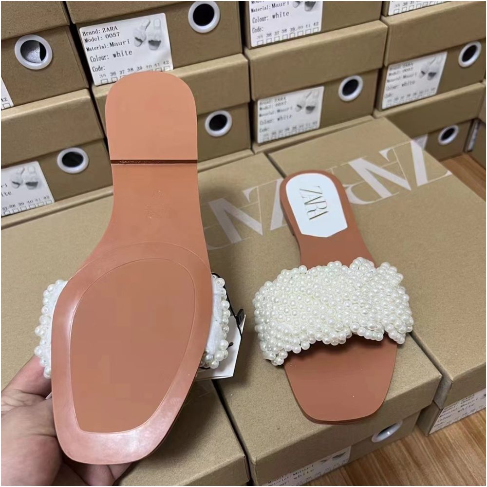 ZA 2025 Spring New Arrival Women s White Pearl Woven Flat Sandals Outerwear Foreign Trade Fashion Slippers for Women image 3