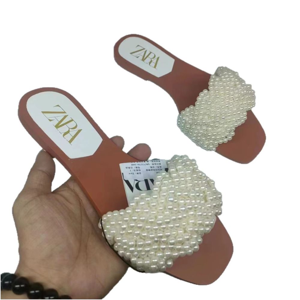 ZA 2025 Spring New Arrival Women s White Pearl Woven Flat Sandals Outerwear Foreign Trade Fashion Slippers for Women image 4