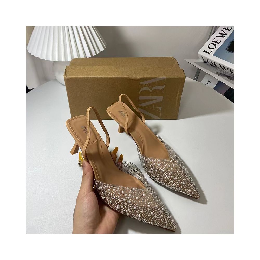 ZA Women s Shoes 2025 Spring New Transparent PVC Pearl Rhinestone Pointed Toe Fashion Back Strap High Heel Stiletto Women s Shoes image 1