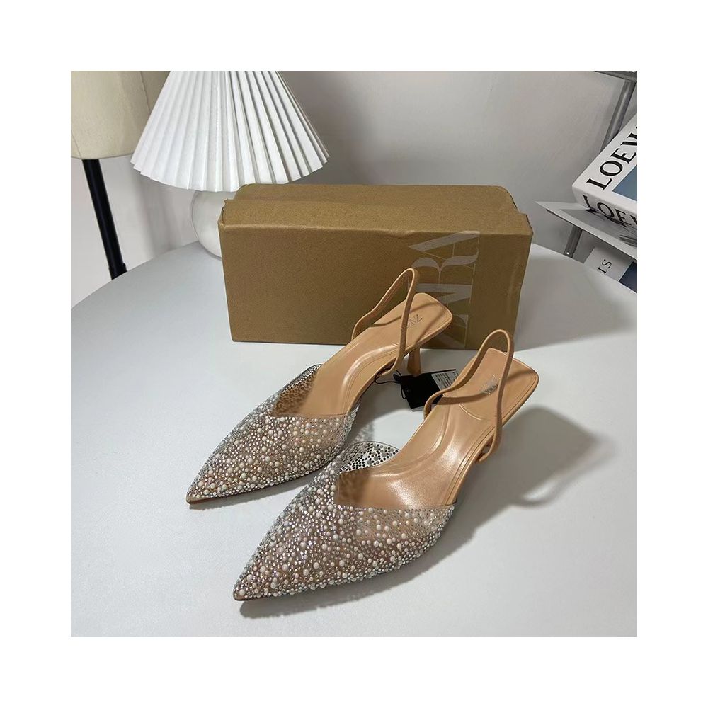 ZA Women s Shoes 2025 Spring New Transparent PVC Pearl Rhinestone Pointed Toe Fashion Back Strap High Heel Stiletto Women s Shoes image 2