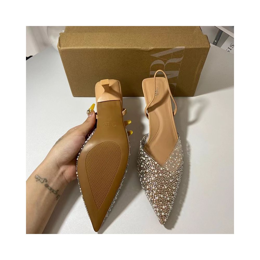 ZA Women s Shoes 2025 Spring New Transparent PVC Pearl Rhinestone Pointed Toe Fashion Back Strap High Heel Stiletto Women s Shoes image 3