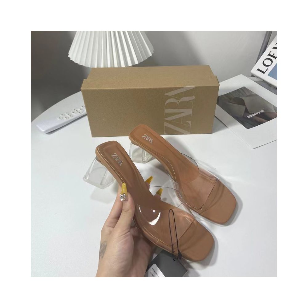 ZA Women s New French Square Toe Transparent PVC Chunky Heel Open Toe Backless Open Heel Shallow Mouth Crystal Heel Fashion Women s Shoes image 2