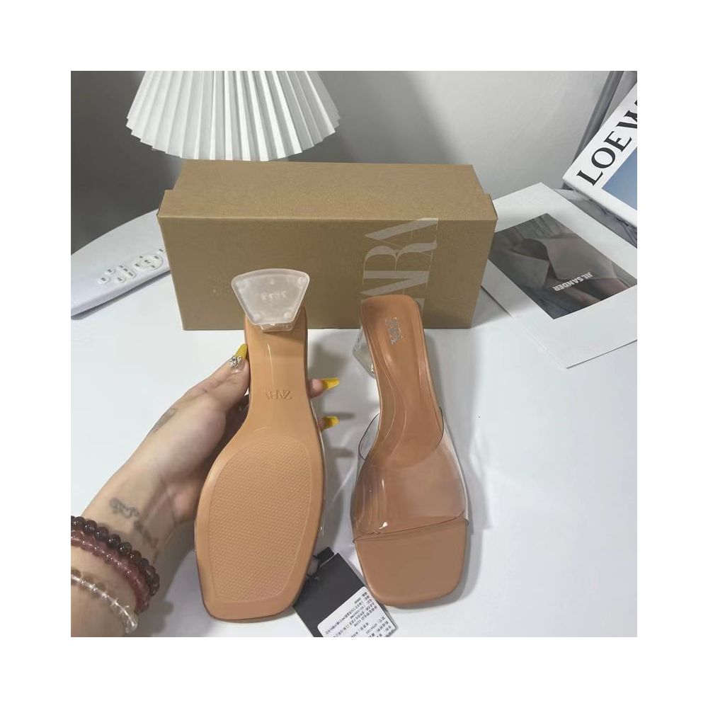ZA Women s New French Square Toe Transparent PVC Chunky Heel Open Toe Backless Open Heel Shallow Mouth Crystal Heel Fashion Women s Shoes image 3