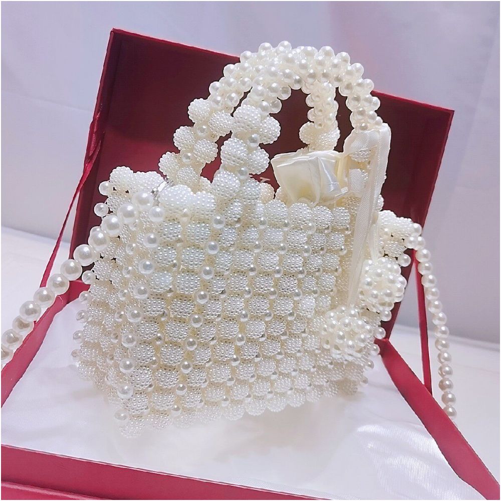 Yangmei pearl water bucket bead small square bag DIY material acrylic beads hand woven women s handbag finished product image 3
