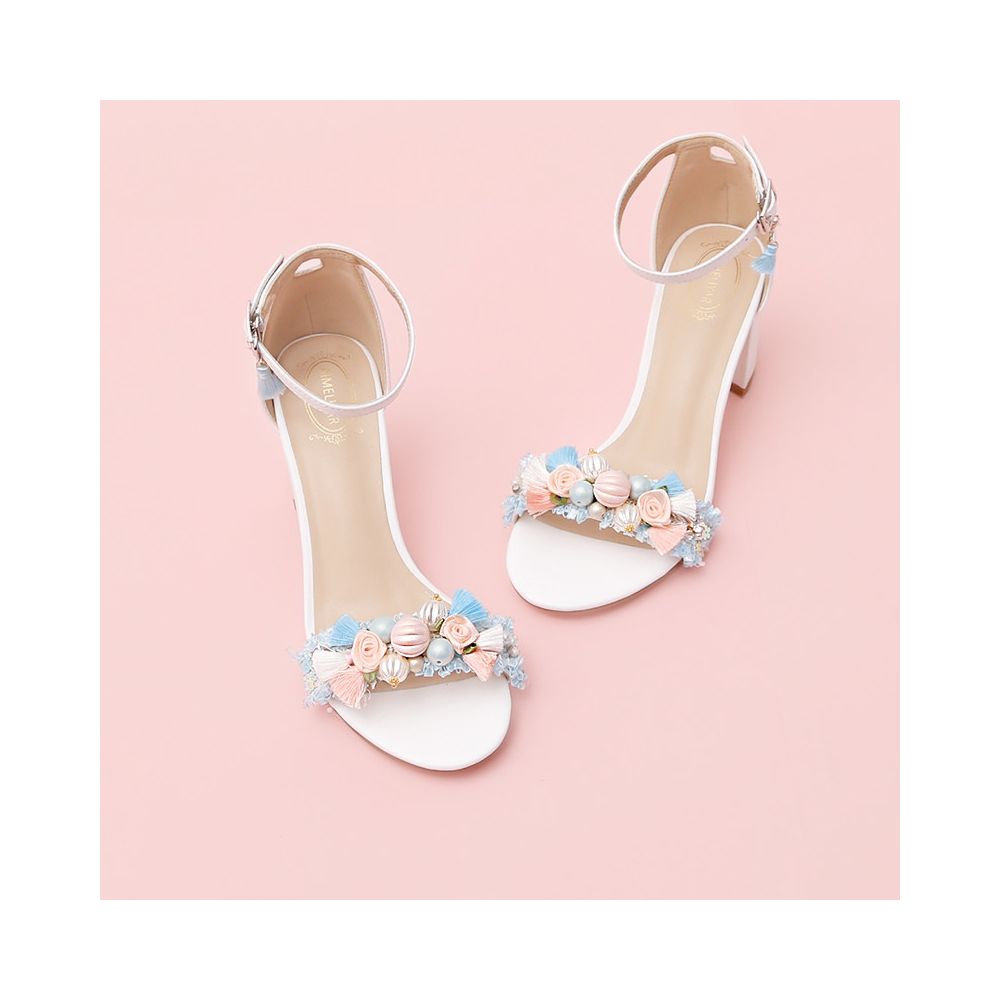 Summer new light blue bow pearl rhinestone straight buckle with exposed toe white women s shoes thick medium and high heels