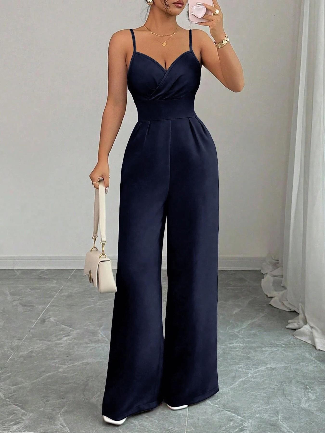 Selianne Women Elegant Minimalist Solid Color Sling Waist Jumpsuits