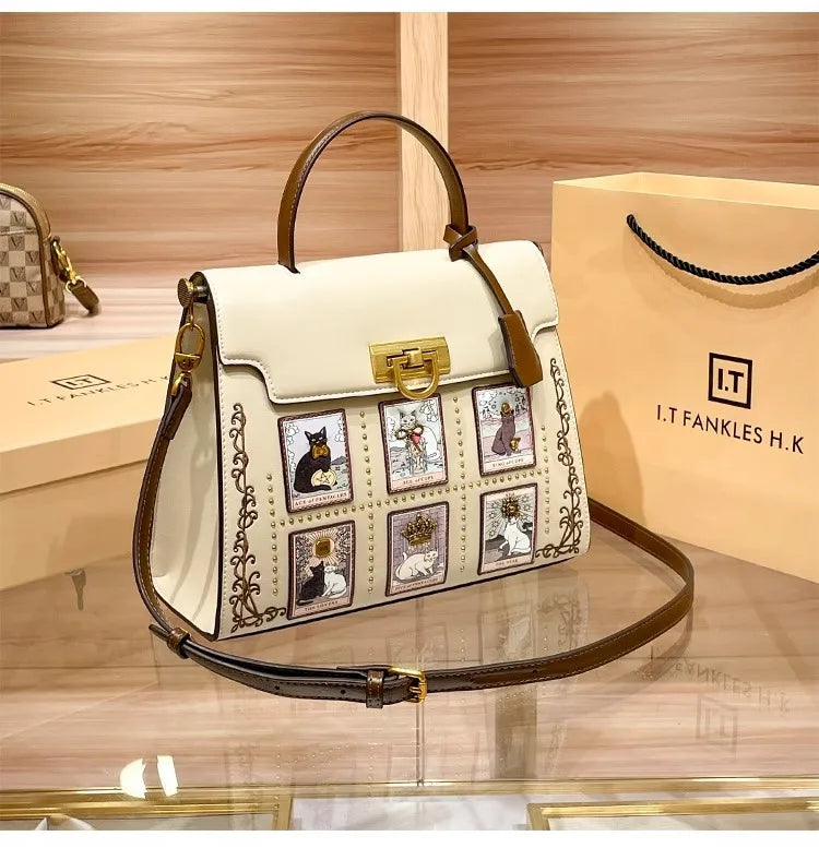 2025 Luxury and New Fashion Tote Bag with Delicate Cat Painting and Pattern Women's  Popular and Premium Quality Handheld Bag