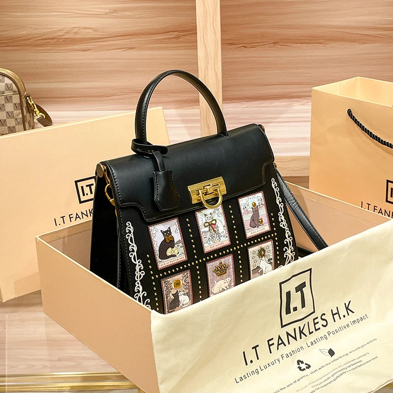 2025 Luxury and New Fashion Tote Bag with Delicate Cat Painting and Pattern Women's  Popular and Premium Quality Handheld Bag