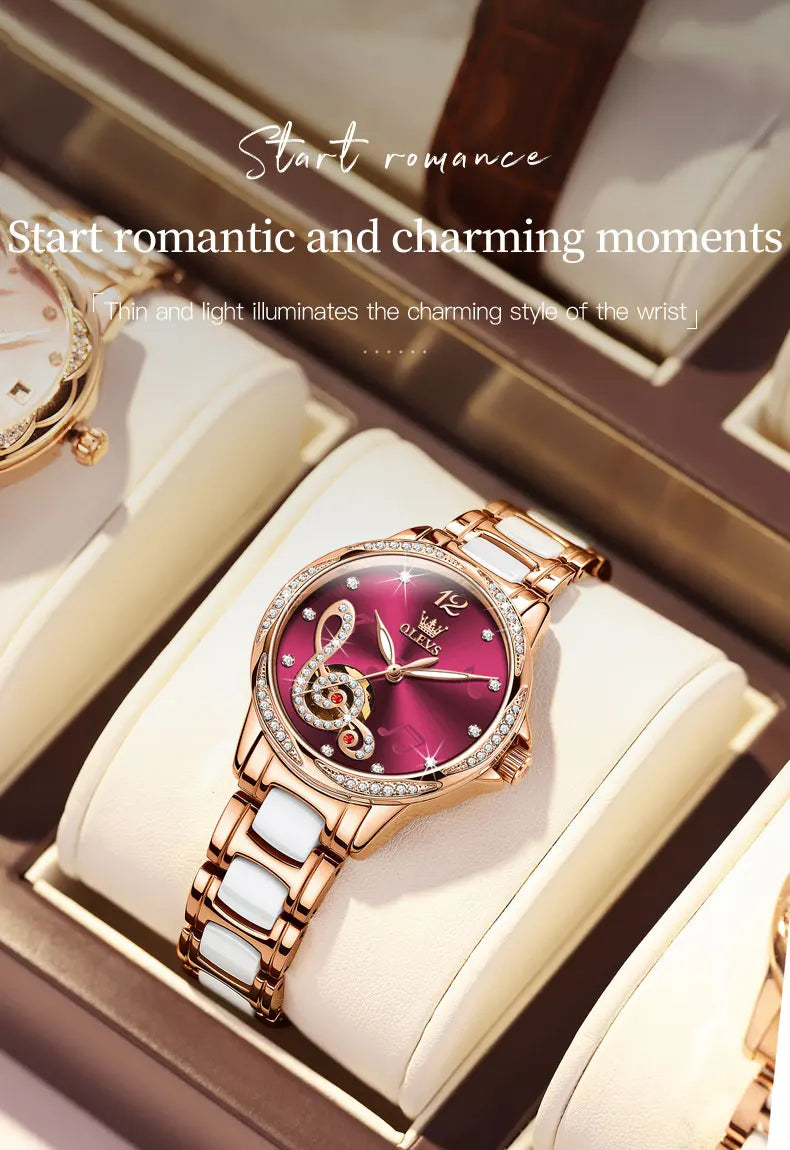 OLEVS Ceramic Diamond Women Watches Luxury Brand Musical Note Automatic Mechanical Watch Women Relogio Feminino Gift
