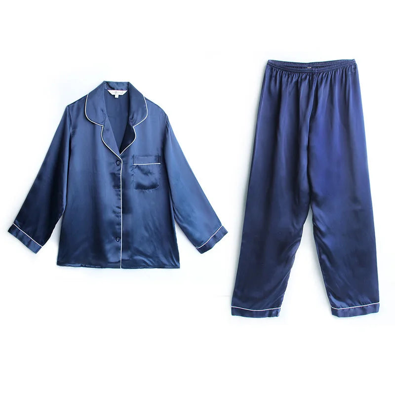 100% Mulberry Silk Pajamas Women Summer Winter Spring Long-sleeved Two-piece Couple Home Service Silk Pajamas For Lady