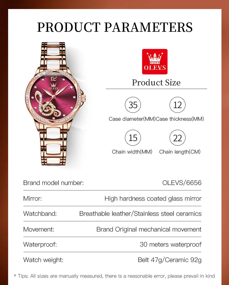OLEVS Ceramic Diamond Women Watches Luxury Brand Musical Note Automatic Mechanical Watch Women Relogio Feminino Gift
