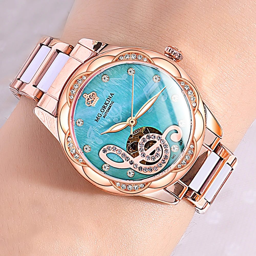 2025 New Designer Mechanical Watches Women Luxury Top Brand Ceramic Stainless Steel Diamond Music Ladies Automatic Wristwatches