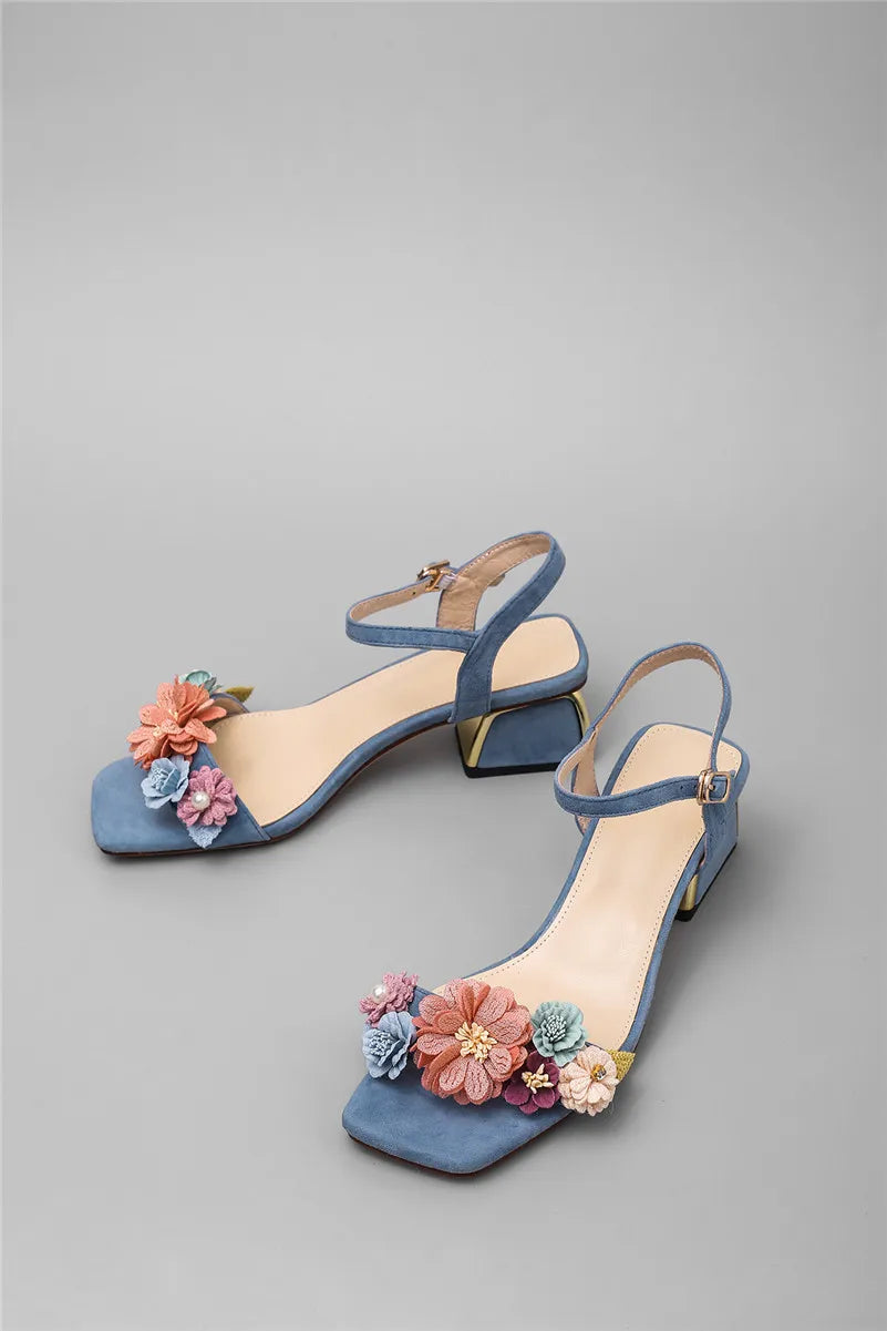 New Fashion Floral Comfortable Women's Sandal Fashion Simple Open-toe Low Heel Chunky Button Sandal