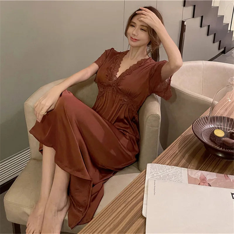 Summer Satin Night Dress Women Sleepwear With Bras Long Lace Nightgown Short Sleeve Sleepdress Loose Intimate Lingerie Nightwear