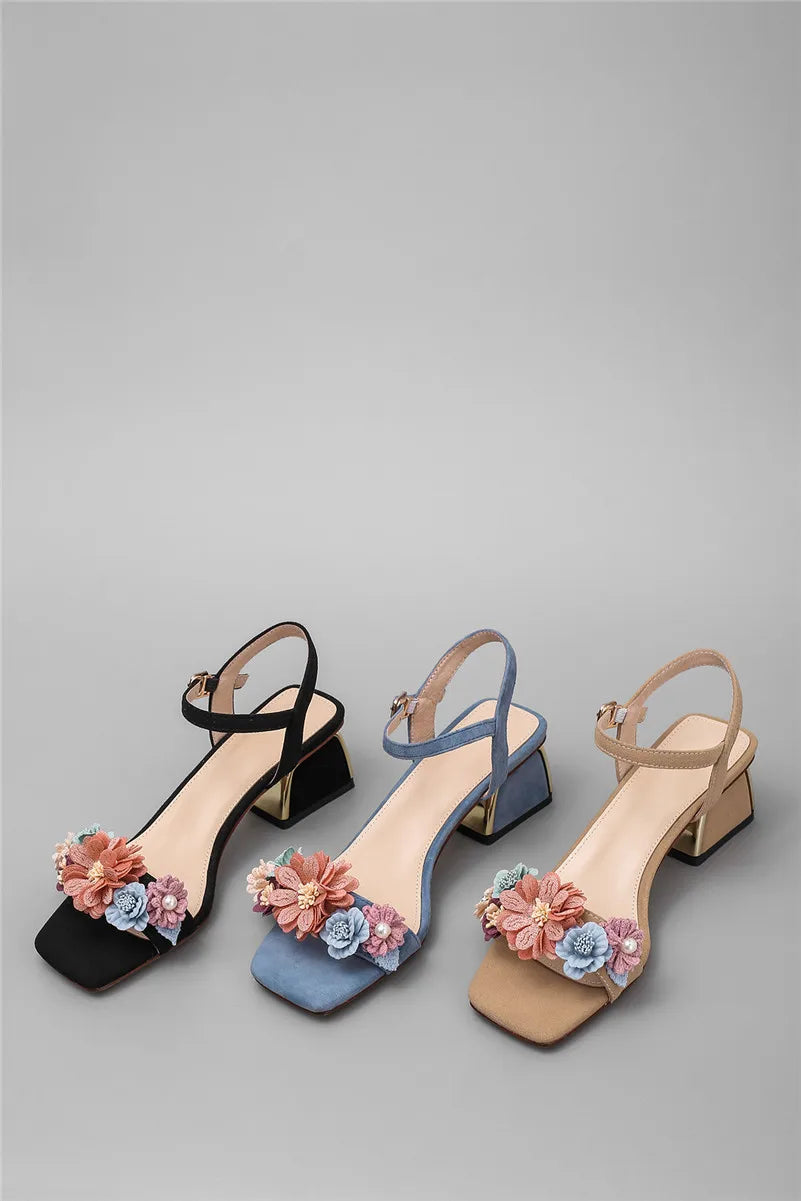 New Fashion Floral Comfortable Women's Sandal Fashion Simple Open-toe Low Heel Chunky Button Sandal