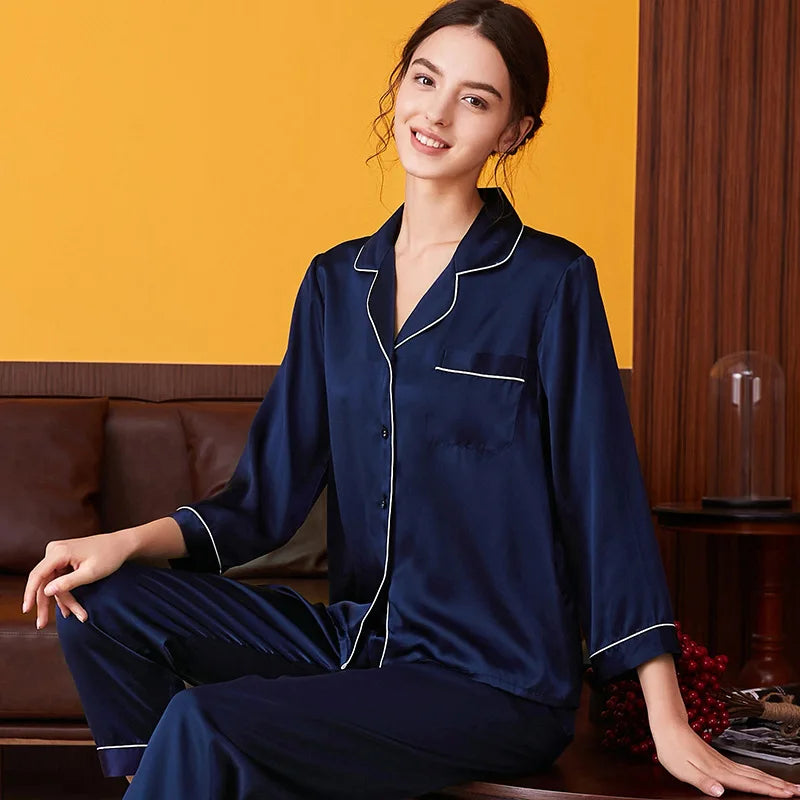 100% Mulberry Silk Pajamas Women Summer Winter Spring Long-sleeved Two-piece Couple Home Service Silk Pajamas For Lady