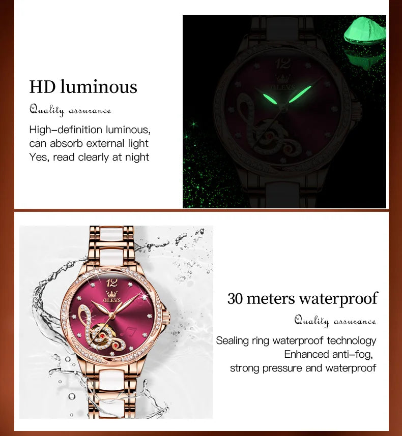 OLEVS Ceramic Diamond Women Watches Luxury Brand Musical Note Automatic Mechanical Watch Women Relogio Feminino Gift