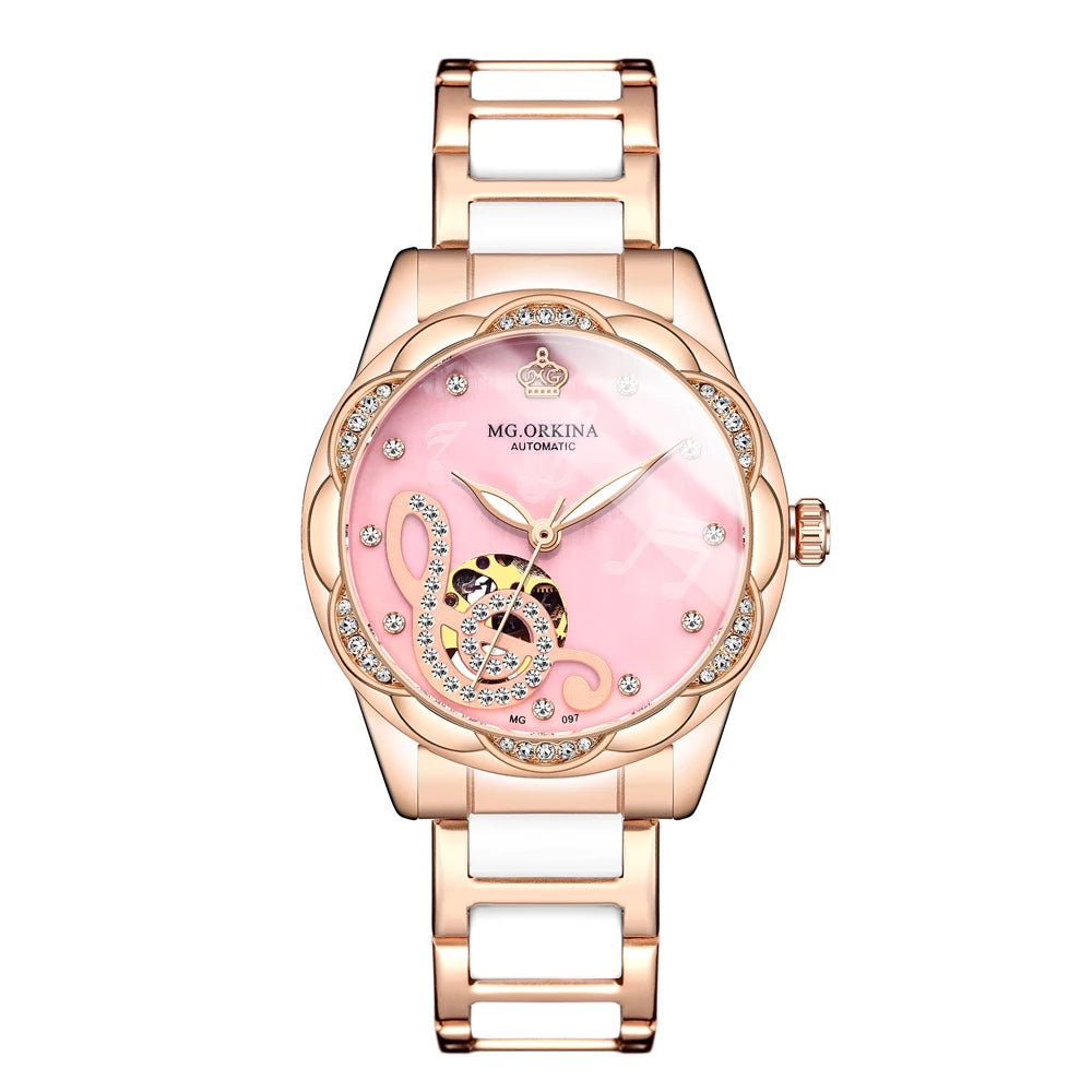 2025 New Designer Mechanical Watches Women Luxury Top Brand Ceramic Stainless Steel Diamond Music Ladies Automatic Wristwatches