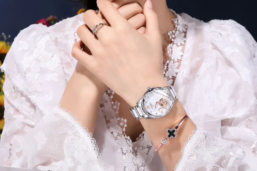 2025 New Designer Mechanical Watches Women Luxury Top Brand Ceramic Stainless Steel Diamond Music Ladies Automatic Wristwatches