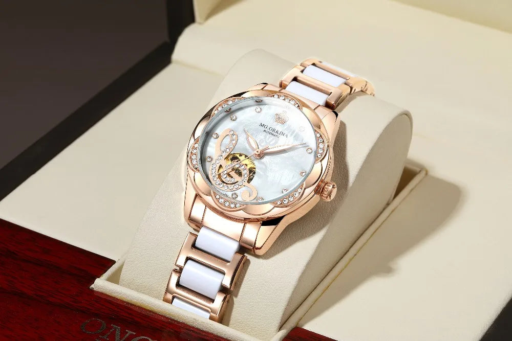 2025 New Designer Mechanical Watches Women Luxury Top Brand Ceramic Stainless Steel Diamond Music Ladies Automatic Wristwatches